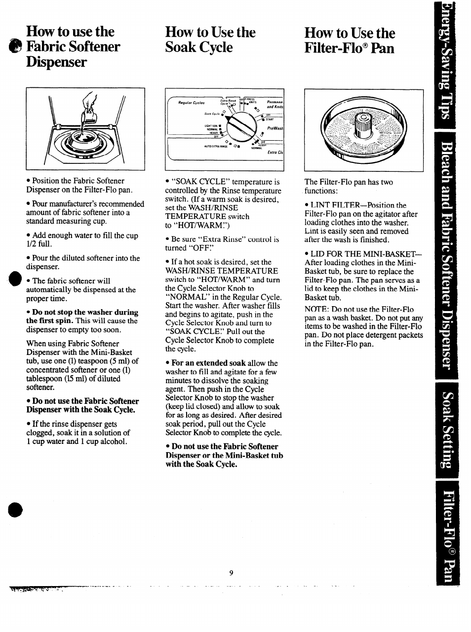 How to ì1s6 the fabric softener, Nuw ш use me soak cycle now 10 use me, Filfpr-fln® pan | Fill | GE VVVVA8876M User Manual | Page 9 / 28