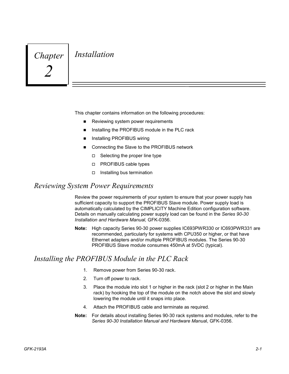 Installation, Reviewing system power requirements, Installing the profibus module in the plc rack | Chapter | GE GFK-2193A User Manual | Page 10 / 30