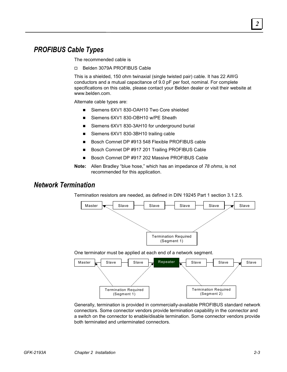 Profibus cable types, Network termination | GE GFK-2193A User Manual | Page 12 / 30