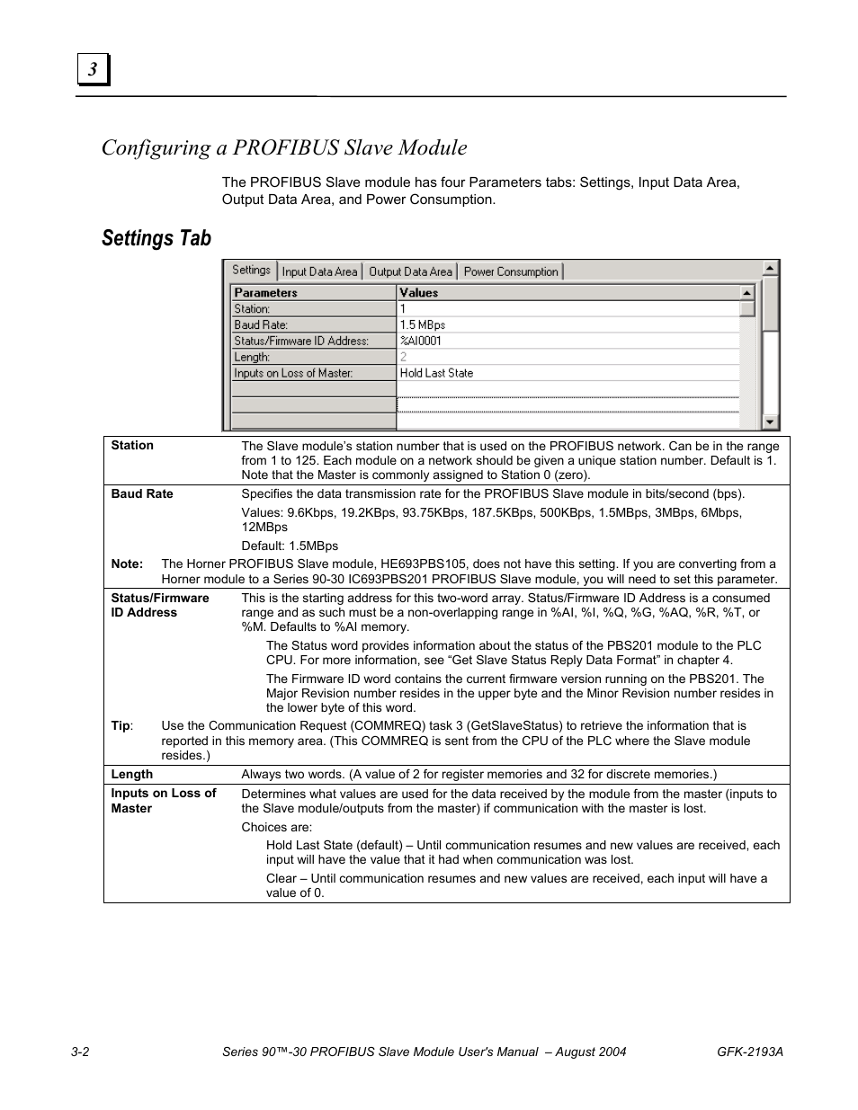 Configuring a profibus slave module, Settings tab | GE GFK-2193A User Manual | Page 15 / 30