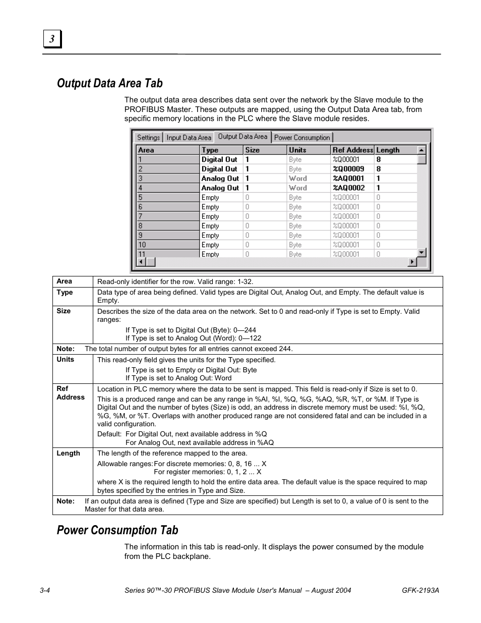 Output data area tab, Power consumption tab | GE GFK-2193A User Manual | Page 17 / 30