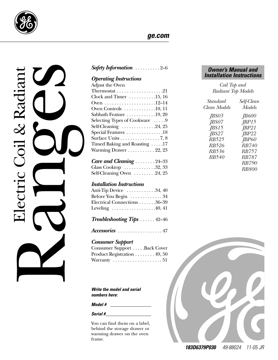GE Electric Coil & Radiant JBP22 User Manual | 52 pages