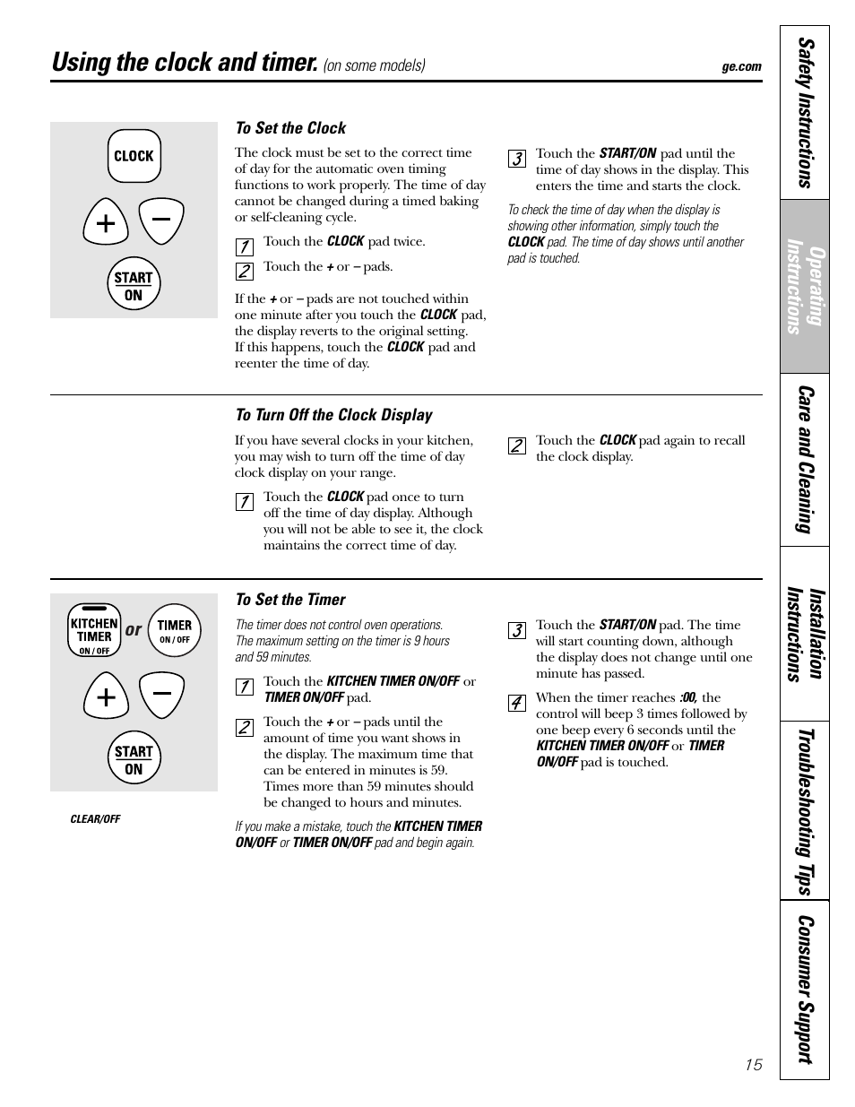 Clock and timer, Clock and timer , 16, Using the clock and timer | GE Electric Coil & Radiant JBP22 User Manual | Page 15 / 52