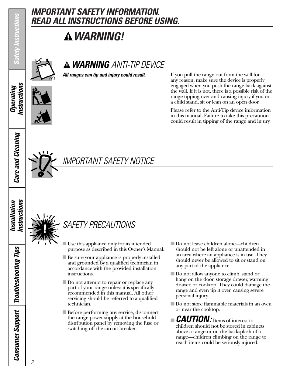 Safety information, Warning, Anti-tip device important safety notice | Caution, Safety precautions | GE Electric Coil & Radiant JBP22 User Manual | Page 2 / 52