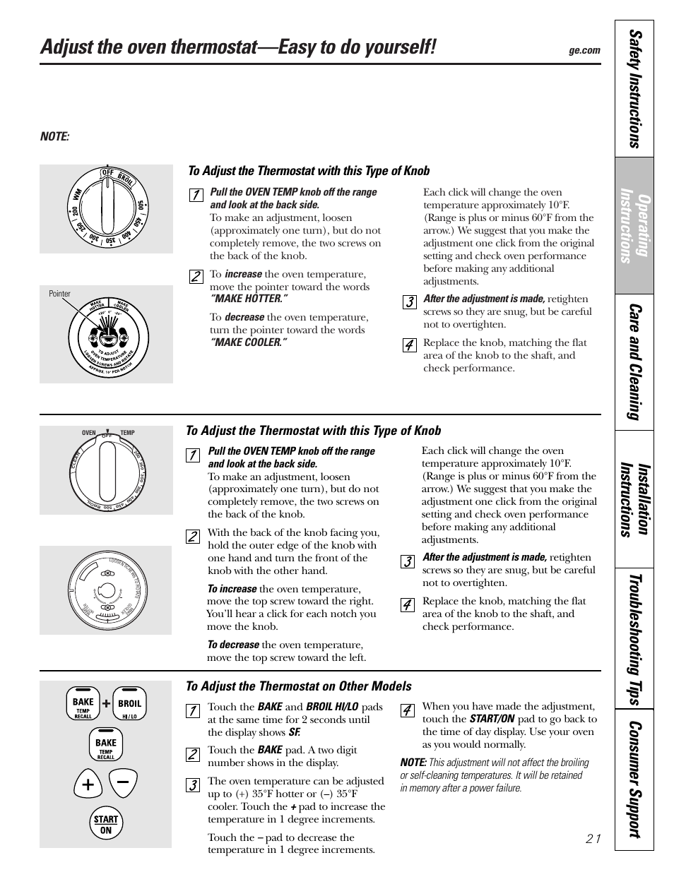Adjust the oven thermostat, Adjust the oven thermostat—easy to do yourself, 21 to adjust the thermostat with this type of knob | GE Electric Coil & Radiant JBP22 User Manual | Page 21 / 52