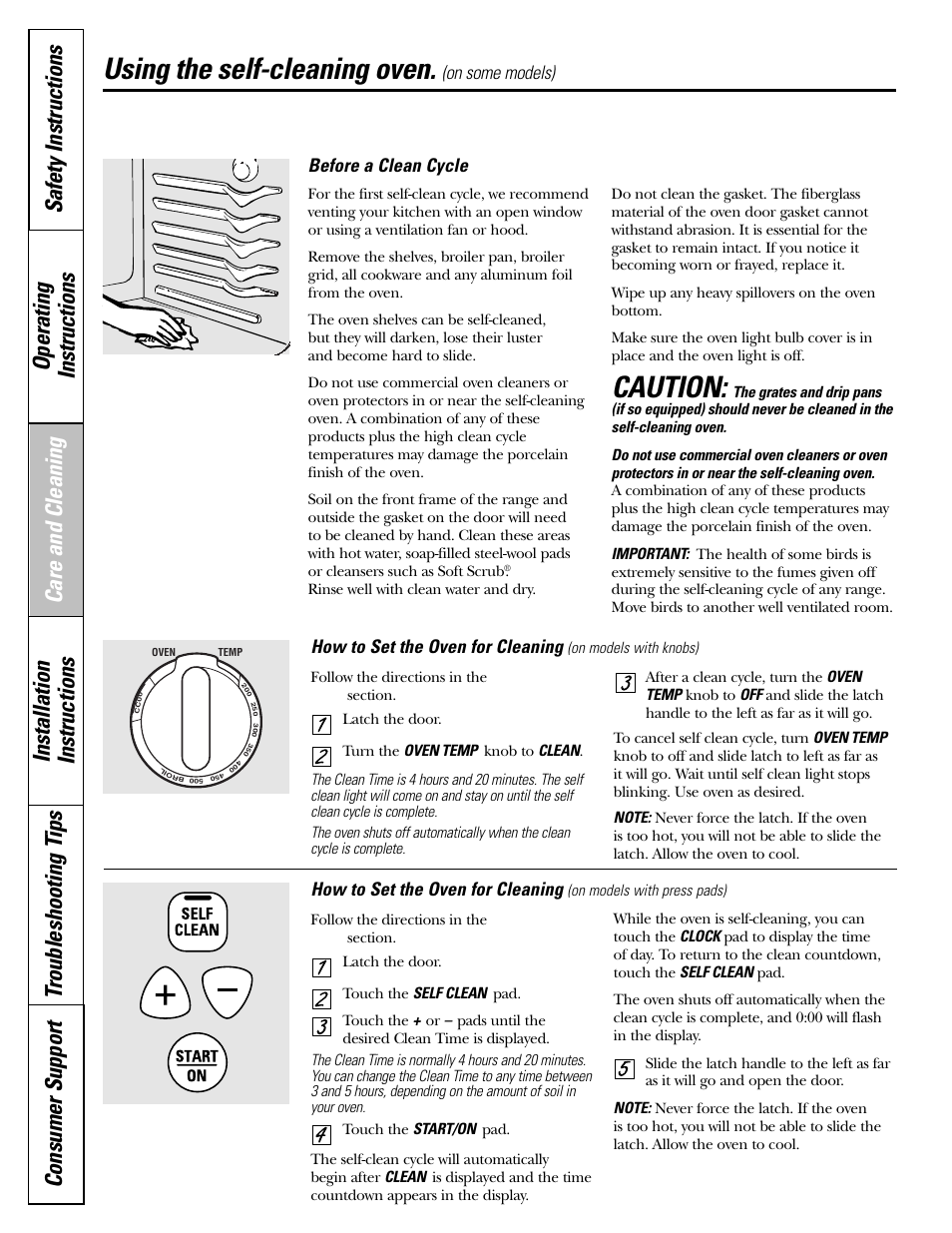 Self-cleaning, Care and cleaning, Self-cleaning oven | Self-cleaning , 25, Self-cleaning oven , 25, Caution, Using the self-cleaning oven, On some models) before a clean cycle, How to set the oven for cleaning | GE Electric Coil & Radiant JBP22 User Manual | Page 24 / 52