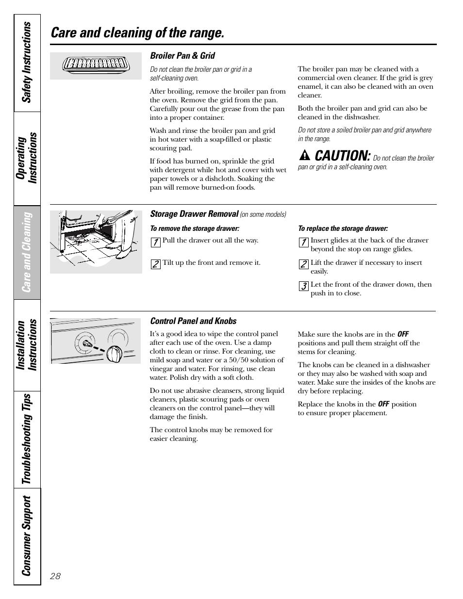 Caution, Care and cleaning of the range | GE Electric Coil & Radiant JBP22 User Manual | Page 28 / 52