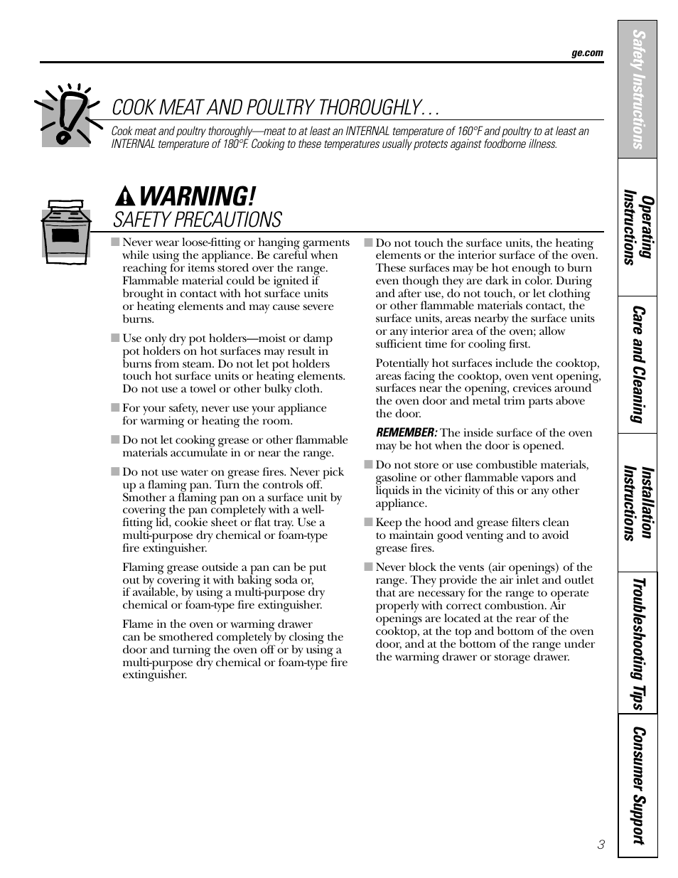 Warning, Cook meat and poultry thoroughly, Safety precautions | GE Electric Coil & Radiant JBP22 User Manual | Page 3 / 52