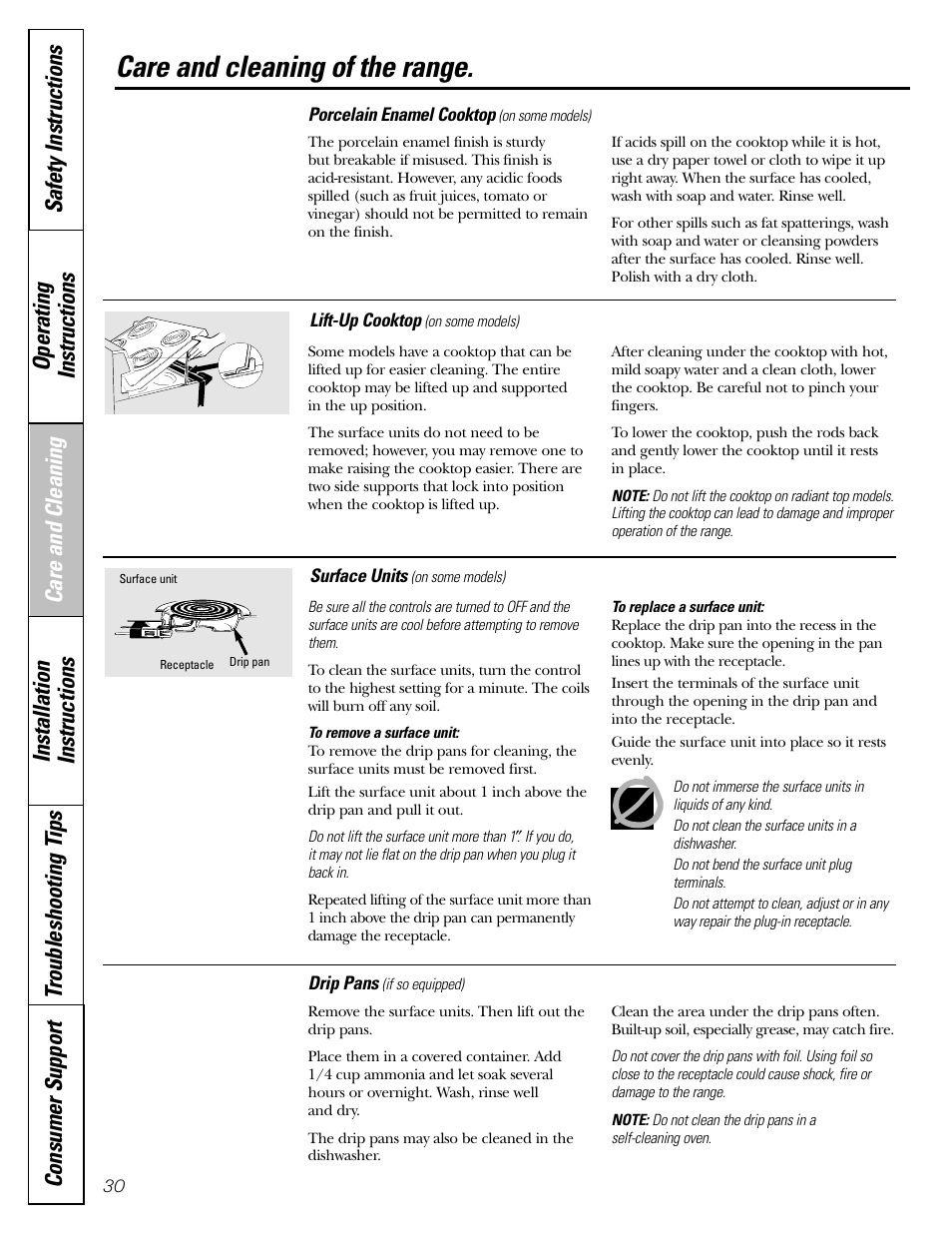 Care and cleaning of the range | GE Electric Coil & Radiant JBP22 User Manual | Page 30 / 52
