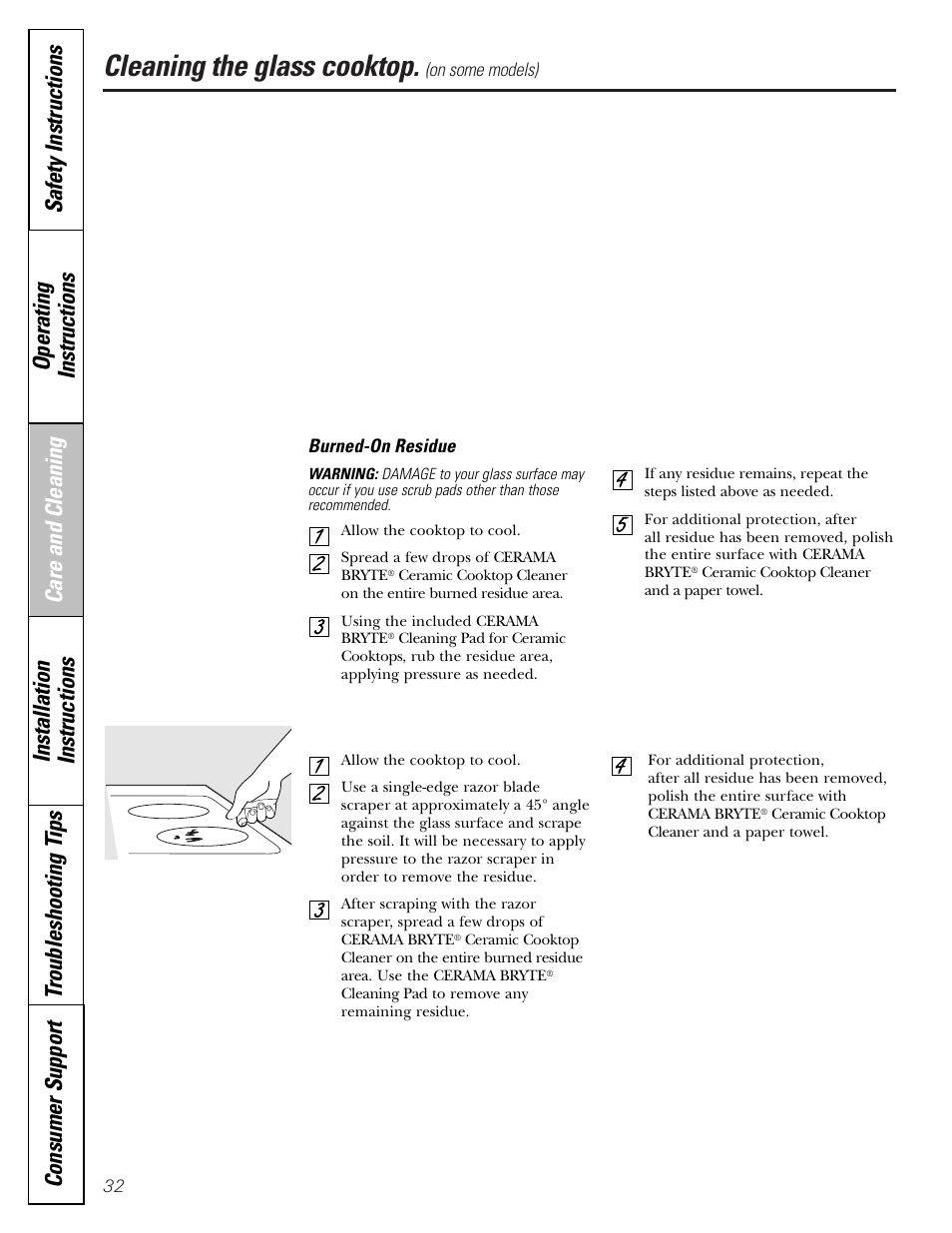 Glass cooktop, Glass cooktop , 33, Cleaning the glass cooktop | GE Electric Coil & Radiant JBP22 User Manual | Page 32 / 52
