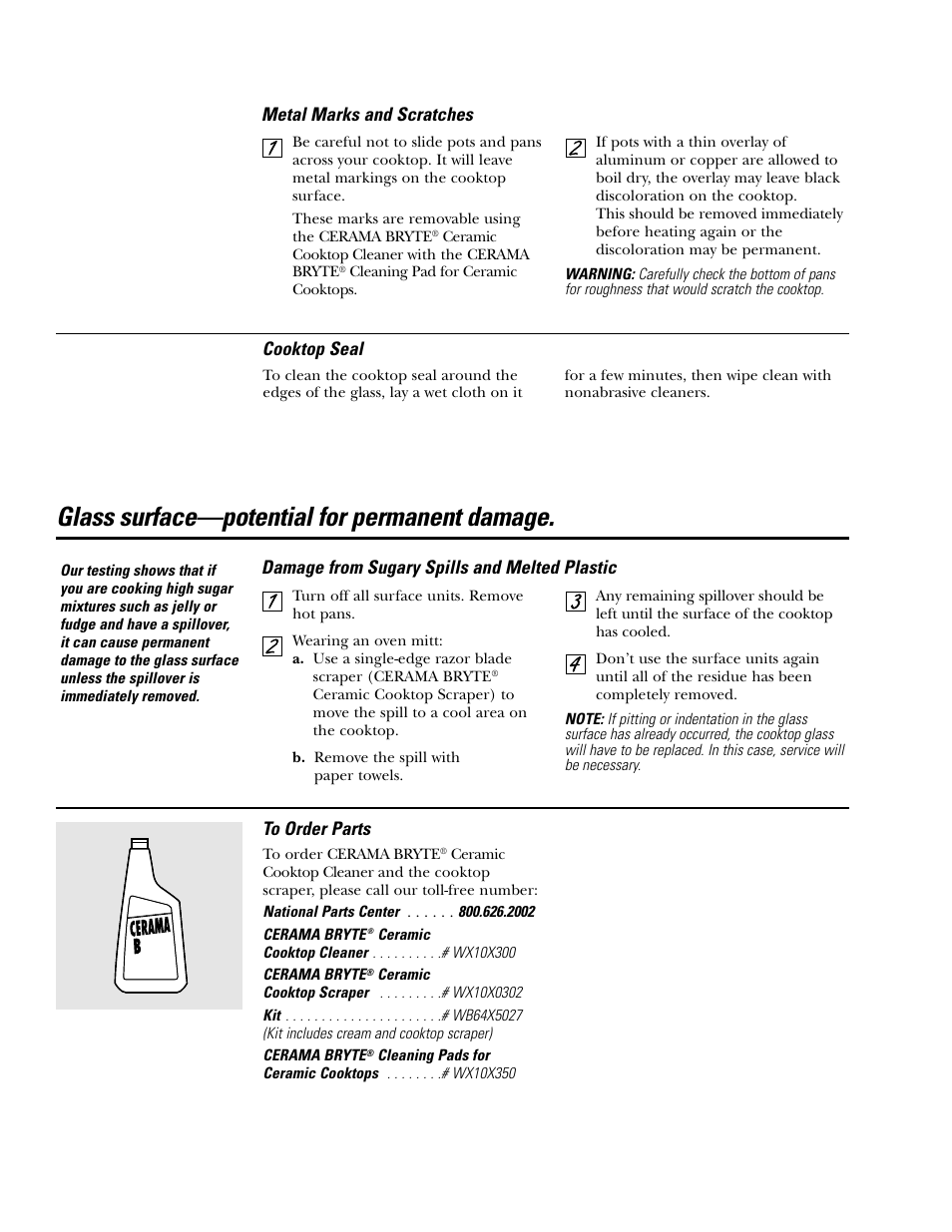 Glass surface—potential for permanent damage | GE Electric Coil & Radiant JBP22 User Manual | Page 33 / 52