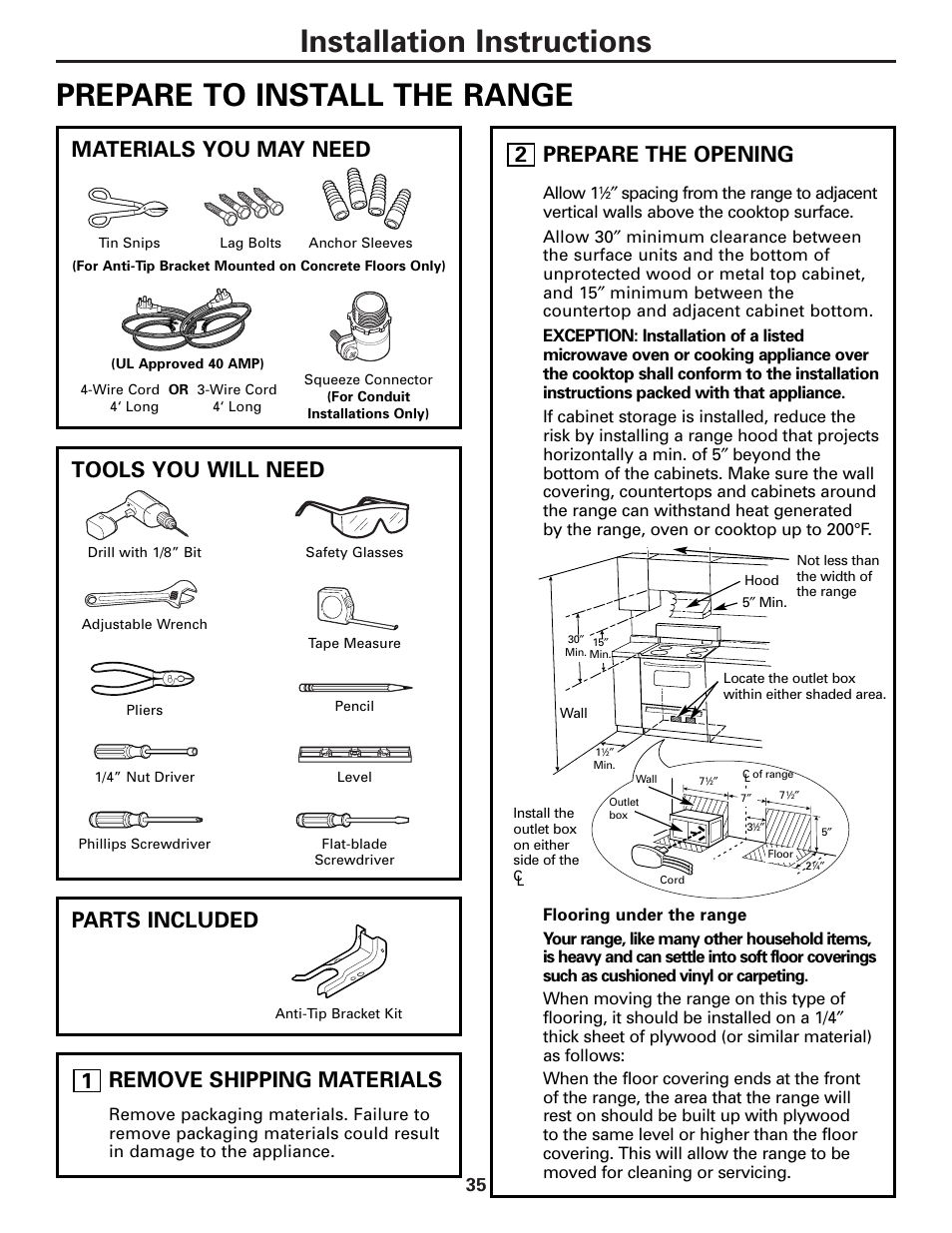Tools you will need materials you may need, Parts included, Remove shipping materials | 1prepare the opening, Allow 1 | GE Electric Coil & Radiant JBP22 User Manual | Page 35 / 52