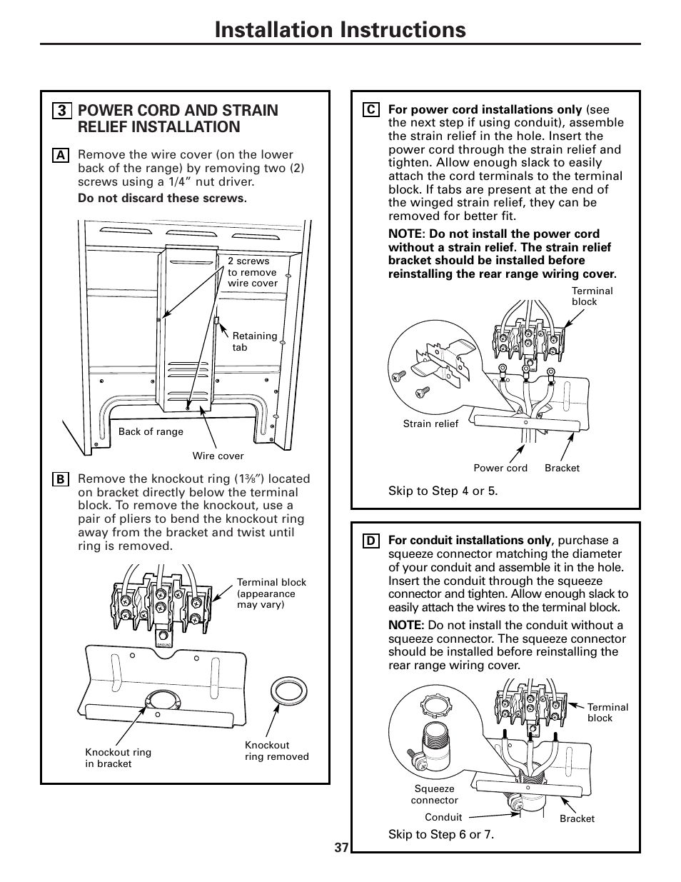Installation instructions, Power cord and strain relief installation | GE Electric Coil & Radiant JBP22 User Manual | Page 37 / 52