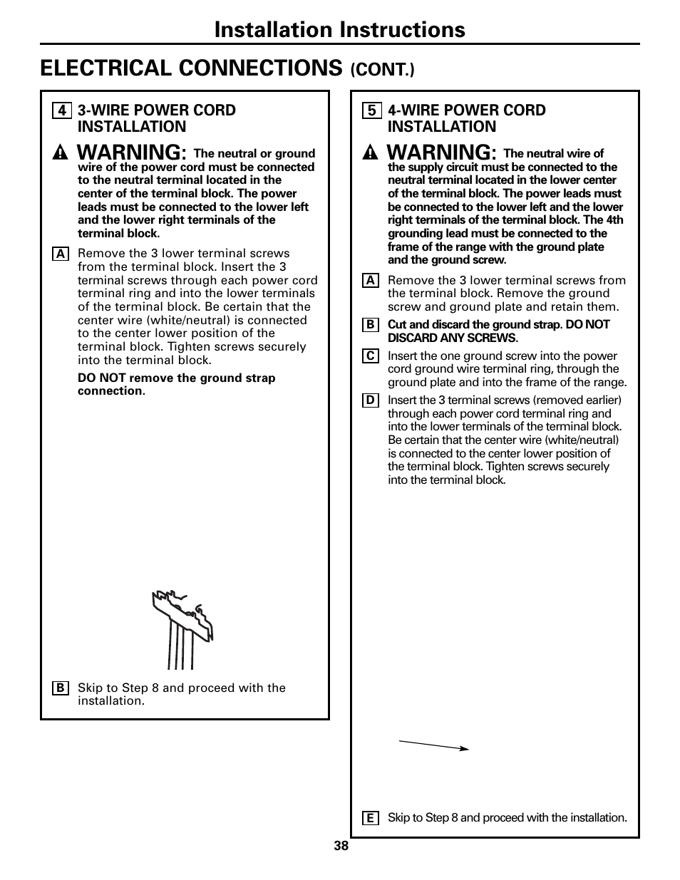 Electrical connections, Installation instructions, Warning | Cont.) | GE Electric Coil & Radiant JBP22 User Manual | Page 38 / 52