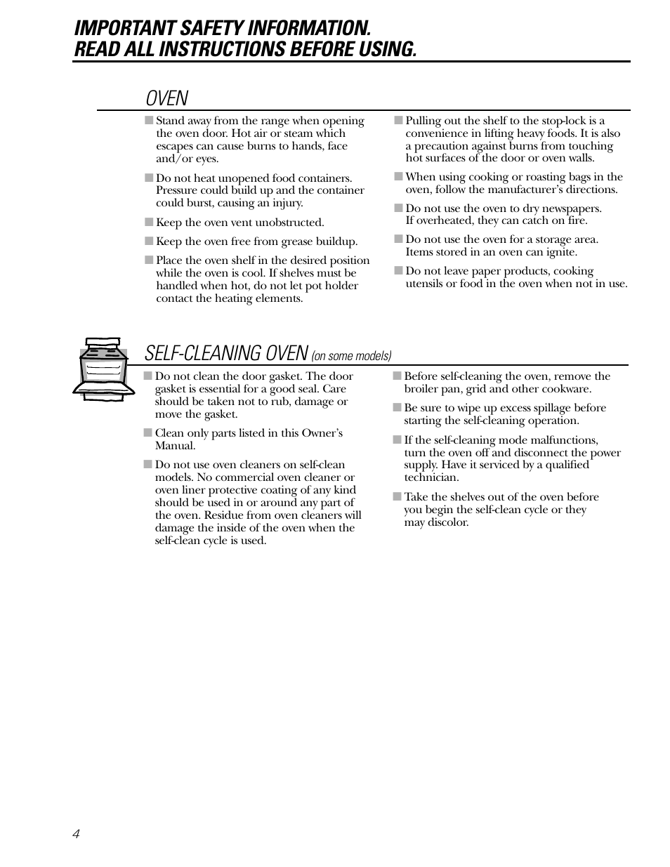 Self-cleaning oven, Oven | GE Electric Coil & Radiant JBP22 User Manual | Page 4 / 52