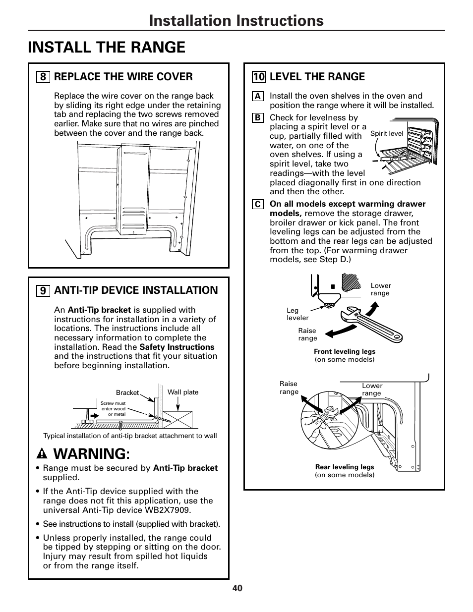 Leveling, Leveling , 41, Installation instructions install the range | Warning, Anti-tip device installation, Replace the wire cover, 8level the range | GE Electric Coil & Radiant JBP22 User Manual | Page 40 / 52