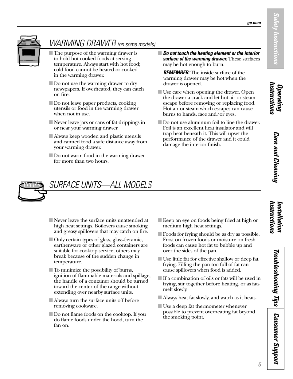 Surface units—all models, Warming drawer | GE Electric Coil & Radiant JBP22 User Manual | Page 5 / 52