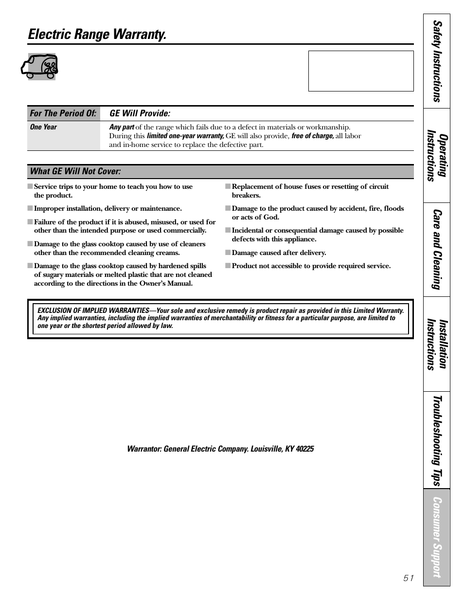 Warranty, Electric range warranty | GE Electric Coil & Radiant JBP22 User Manual | Page 51 / 52