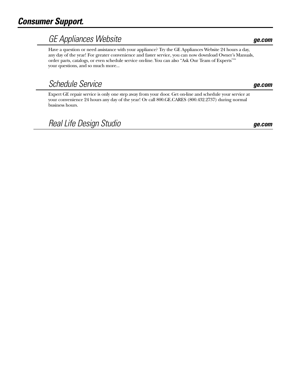 Consumer support, Consumer support . . . . .back cover, Consumer support. ge appliances website | Schedule service, Real life design studio | GE Electric Coil & Radiant JBP22 User Manual | Page 52 / 52