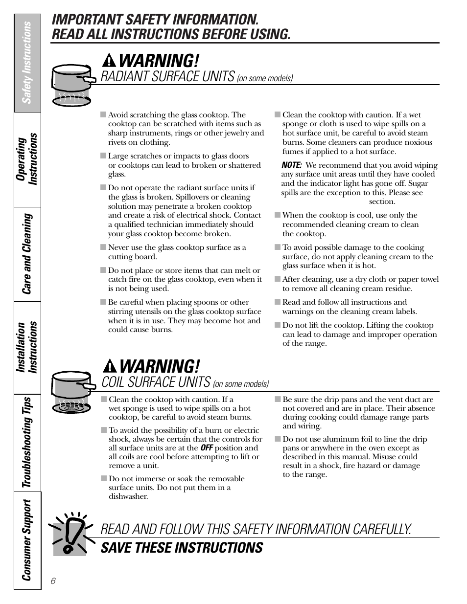 Warning, Radiant surface units, Coil surface units | GE Electric Coil & Radiant JBP22 User Manual | Page 6 / 52