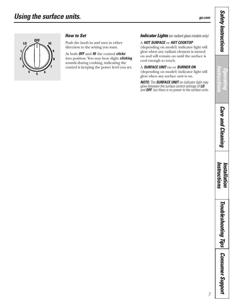 Surface units, Surface units , 8, Using the surface units | GE Electric Coil & Radiant JBP22 User Manual | Page 7 / 52