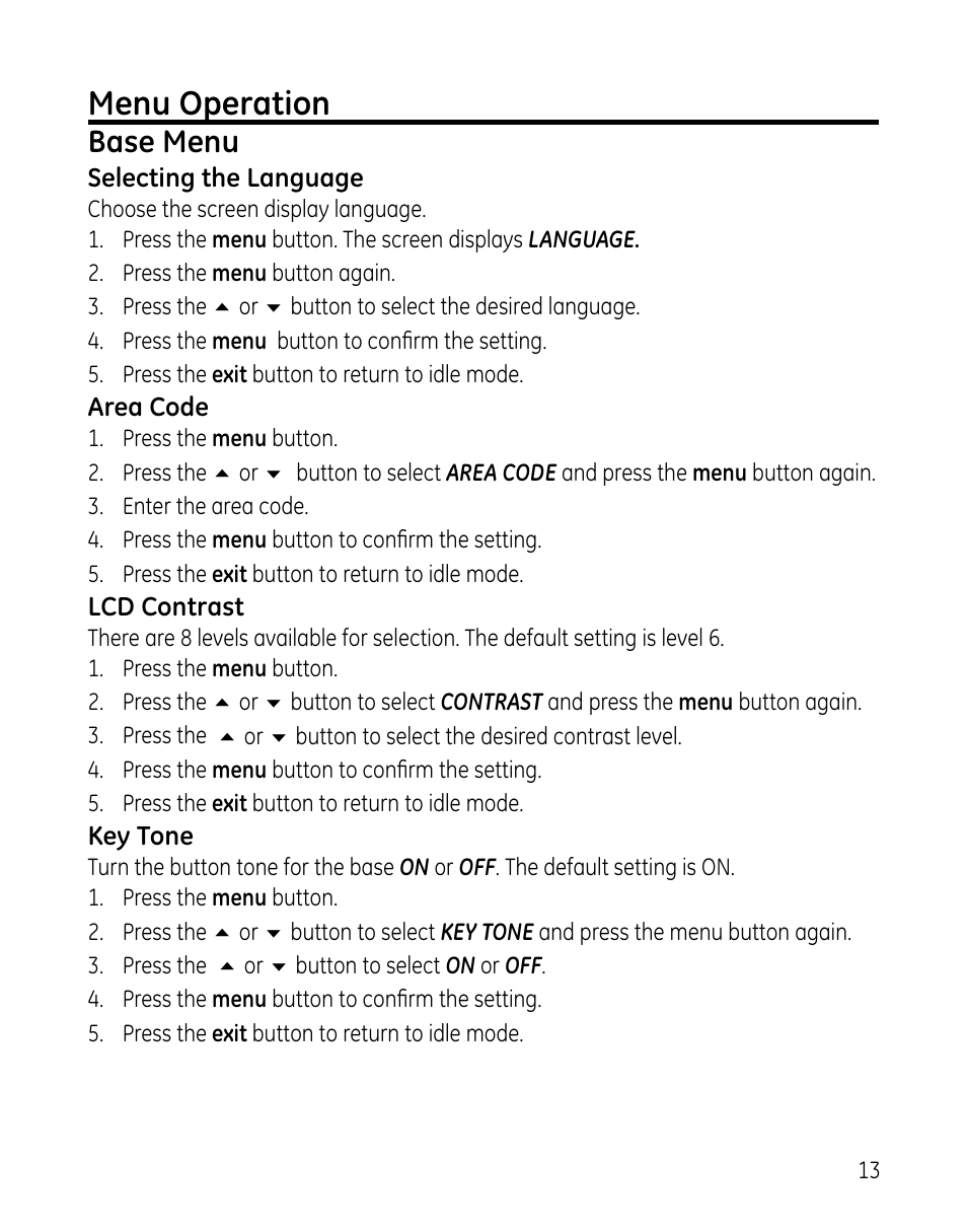 Menu operation, Base menu | GE DECT 28861xx2 User Manual | Page 13 / 44