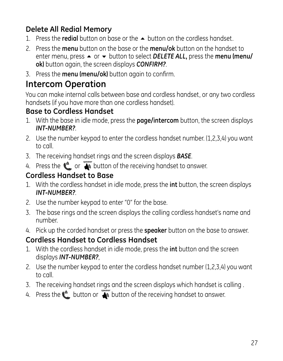 Intercom operation | GE DECT 28861xx2 User Manual | Page 27 / 44