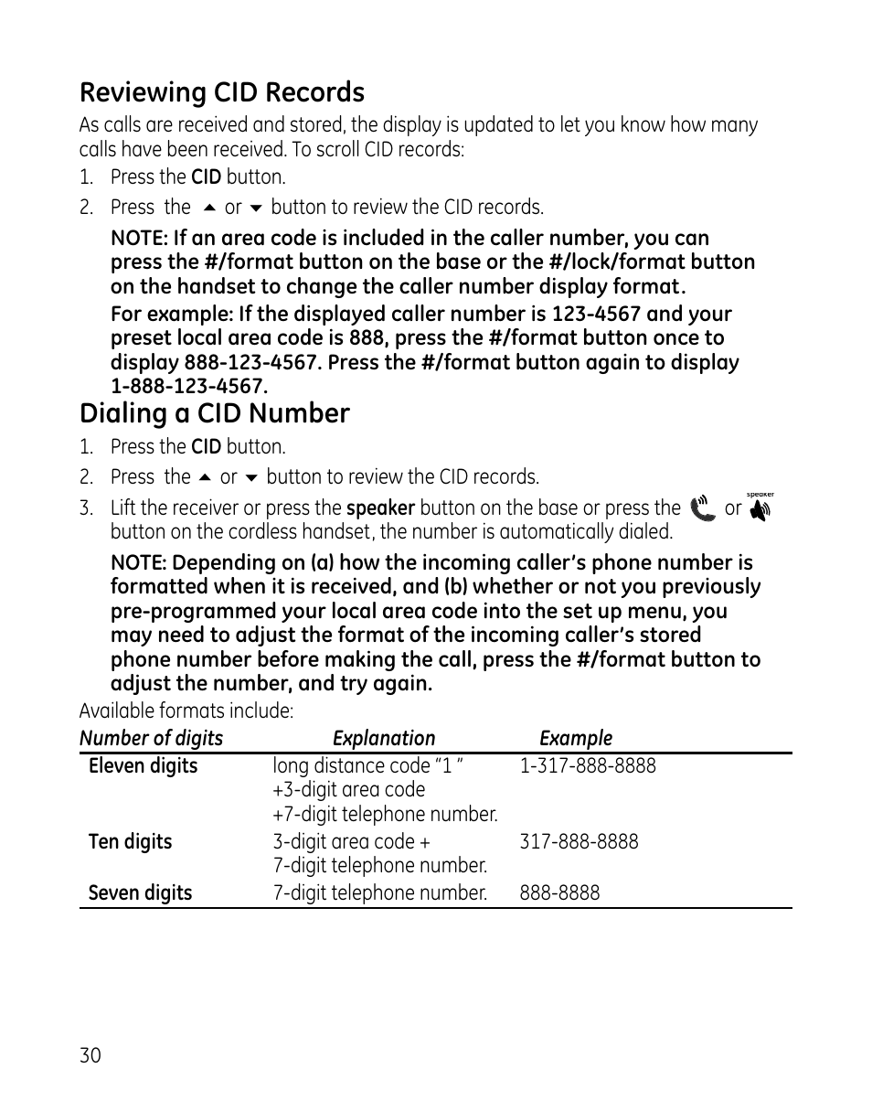 Reviewing cid records, Dialing a cid number | GE DECT 28861xx2 User Manual | Page 30 / 44