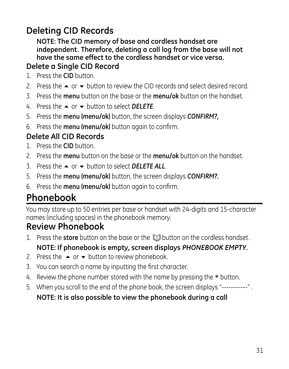 Phonebook, Deleting cid records, Review phonebook | GE DECT 28861xx2 User Manual | Page 31 / 44