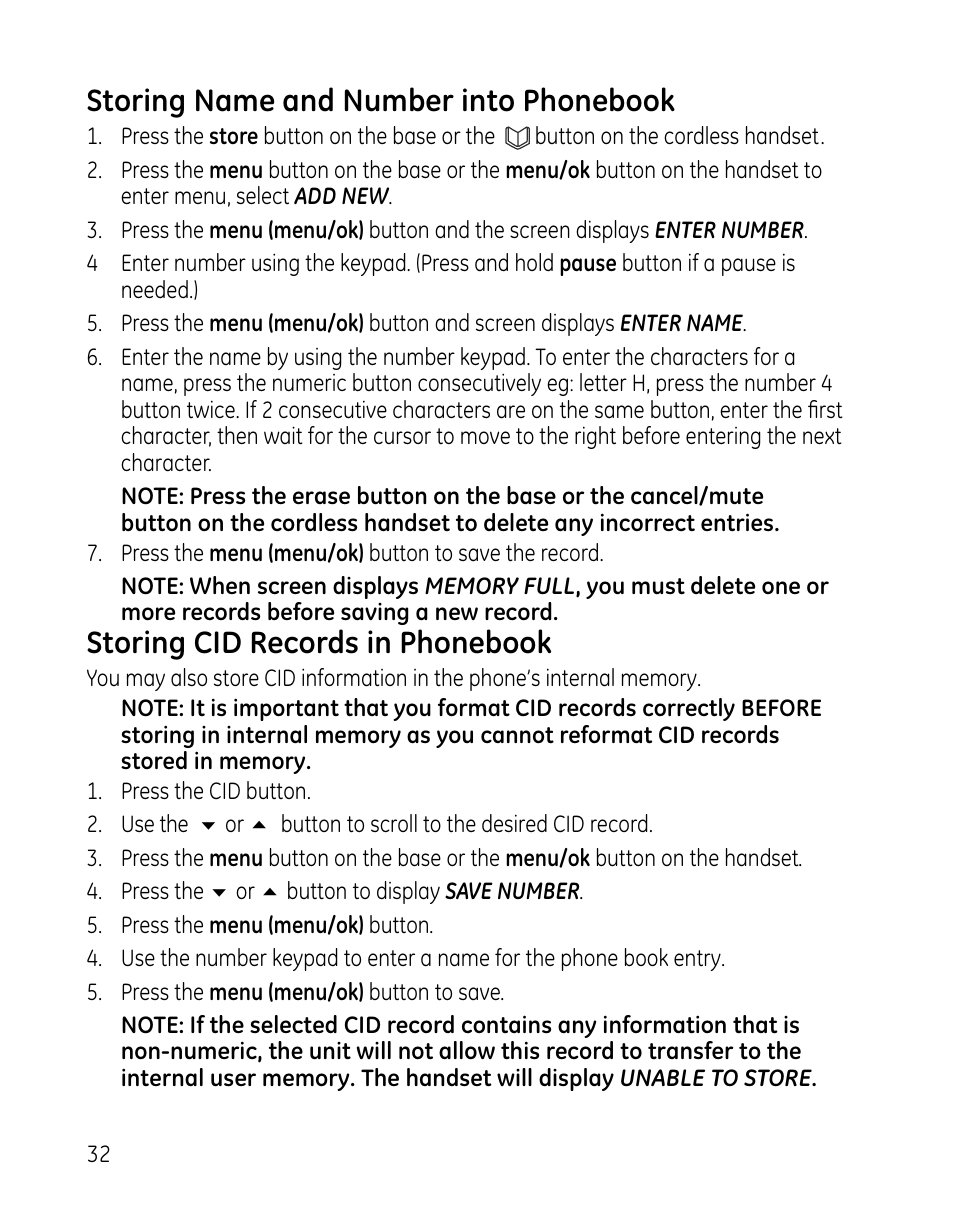 Storing name and number into phonebook, Storing cid records in phonebook | GE DECT 28861xx2 User Manual | Page 32 / 44