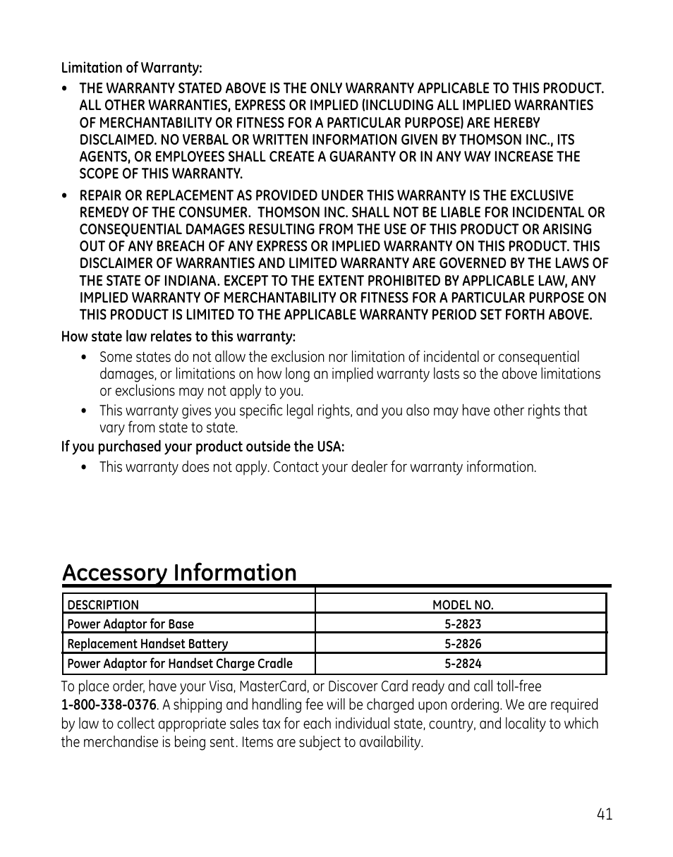 Accessory information | GE DECT 28861xx2 User Manual | Page 41 / 44