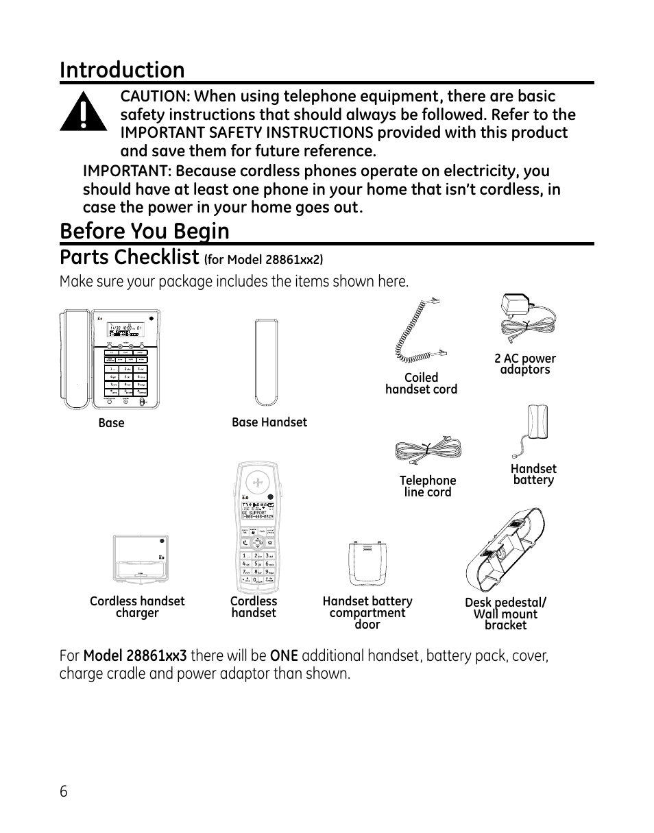 Introduction, Before you begin, Parts checklist | GE DECT 28861xx2 User Manual | Page 6 / 44