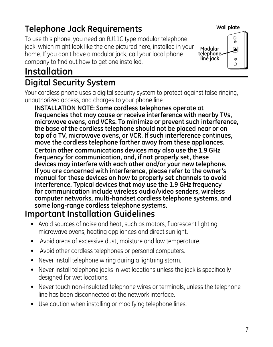 Installation, Telephone jack requirements, Digital security system | Important installation guidelines | GE DECT 28861xx2 User Manual | Page 7 / 44