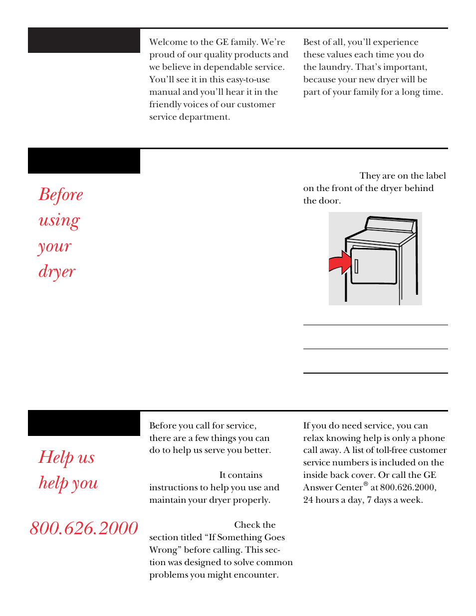 Before using your dryer, Welcome, Need help | Start here | GE DCXR453 User Manual | Page 2 / 23