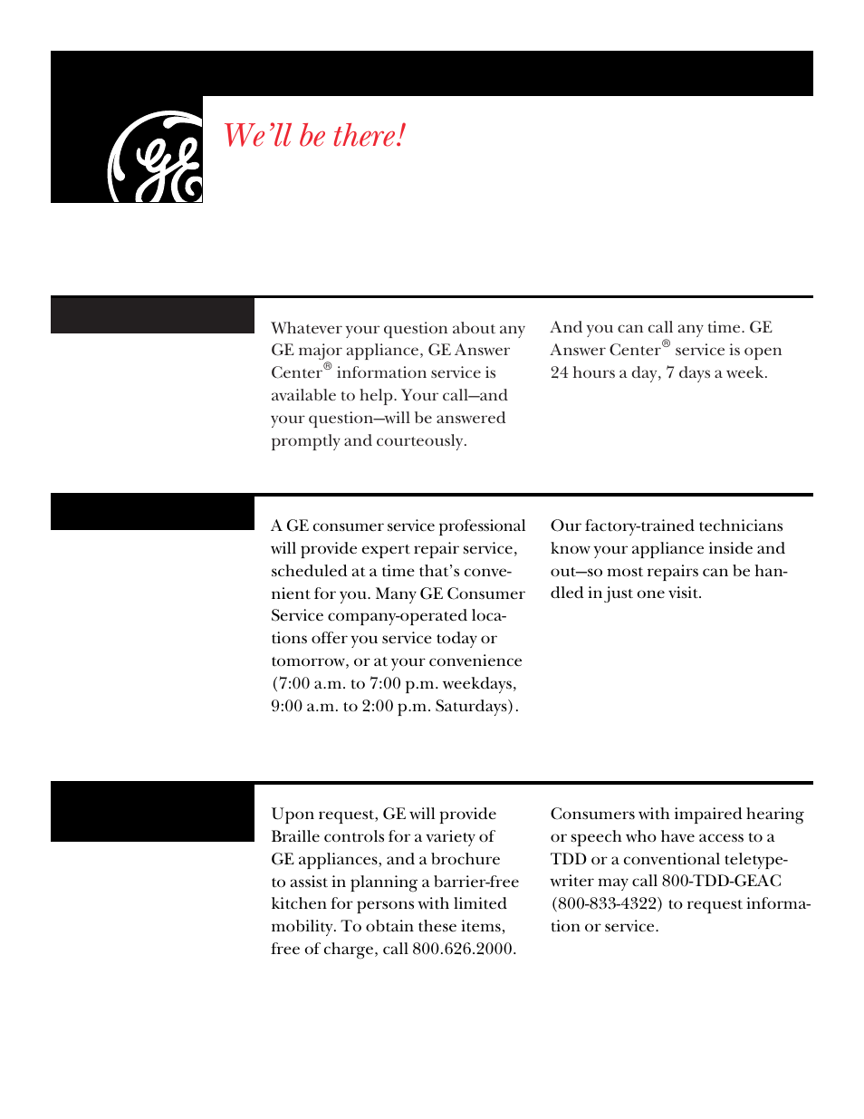 Ge service numbers, We’ll be there | GE DCXR453 User Manual | Page 21 / 23