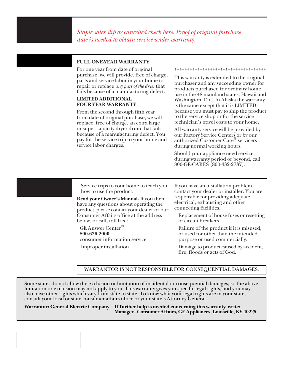Warranty, Warranty, back cover, Dryer warranty | What is covered, What is not covered | GE DCXR453 User Manual | Page 23 / 23