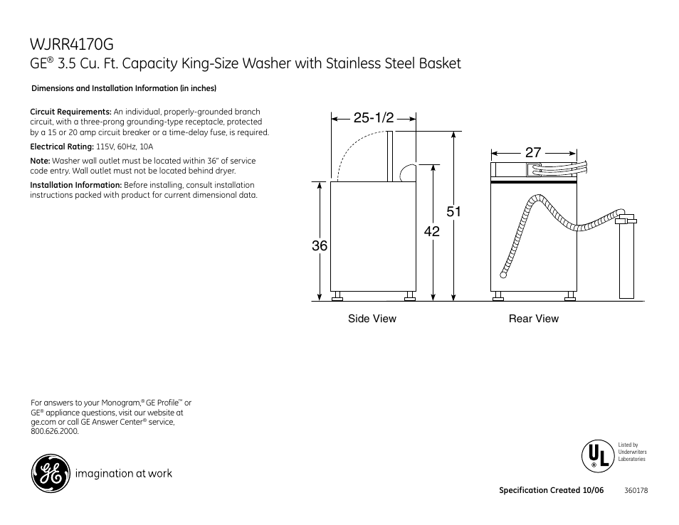 GE WJRR4170G User Manual | 2 pages