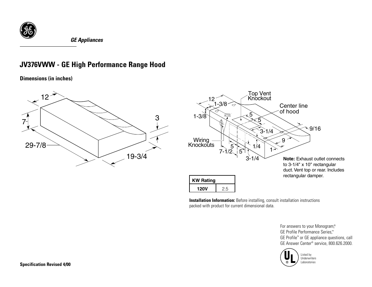 GE JV376VWW User Manual | 3 pages