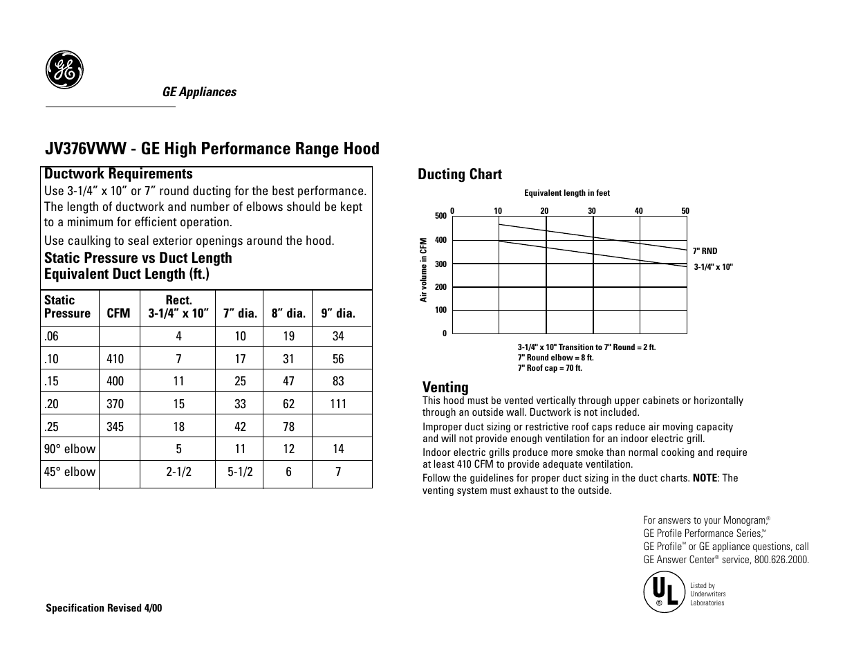 Jv376vww - ge high performance range hood, Ductwork requirements, Ducting chart venting | GE JV376VWW User Manual | Page 2 / 3