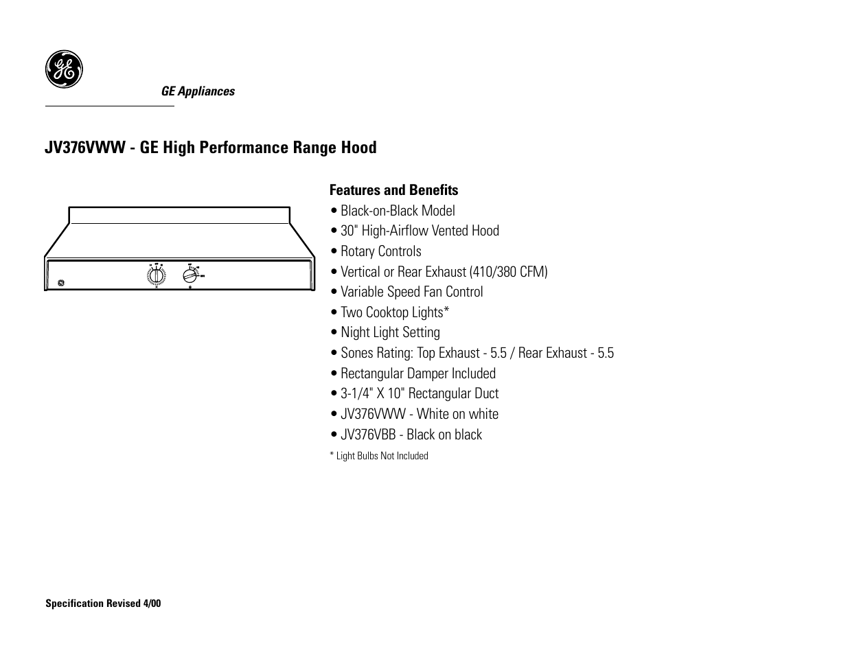 Jv376vww - ge high performance range hood, Ge appliances, Specification revised 4/00 | Light bulbs not included | GE JV376VWW User Manual | Page 3 / 3