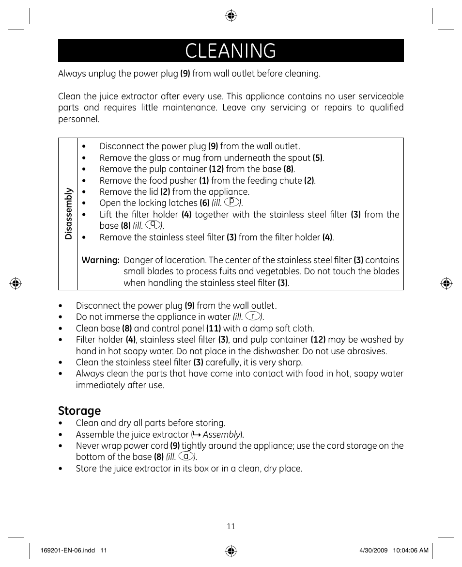 Cleaning, Storage | GE 681131692014 User Manual | Page 11 / 13