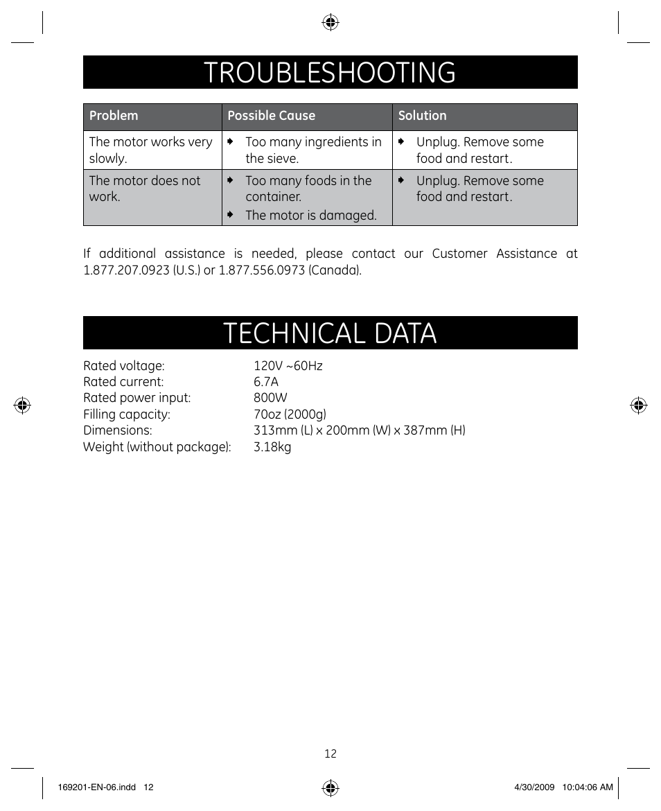 Troubleshooting, Technical data | GE 681131692014 User Manual | Page 12 / 13