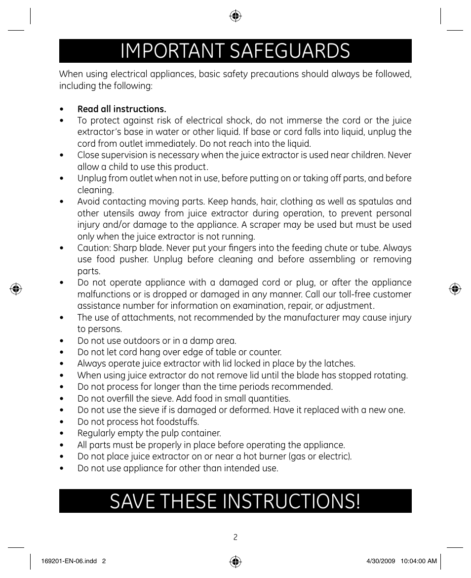 Important safeguards, Save these instructions | GE 681131692014 User Manual | Page 2 / 13