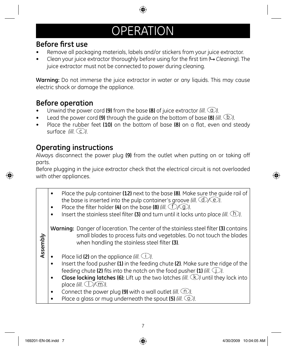 Operation, Before first use, Before operation | Operating instructions | GE 681131692014 User Manual | Page 7 / 13
