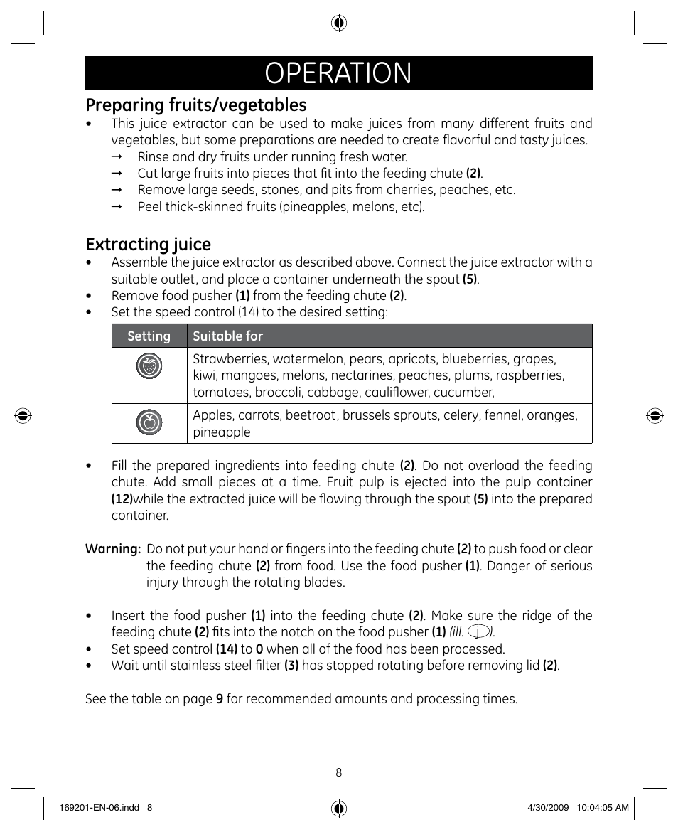 Operation, Preparing fruits/vegetables, Extracting juice | GE 681131692014 User Manual | Page 8 / 13