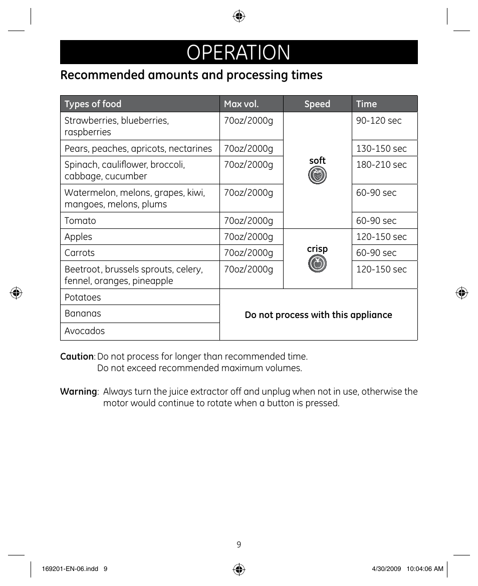 Operation, Recommended amounts and processing times | GE 681131692014 User Manual | Page 9 / 13