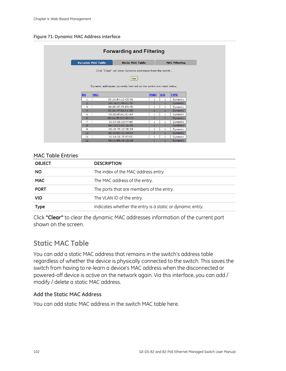 Static mac table | GE DS-82 User Manual | Page 106 / 226