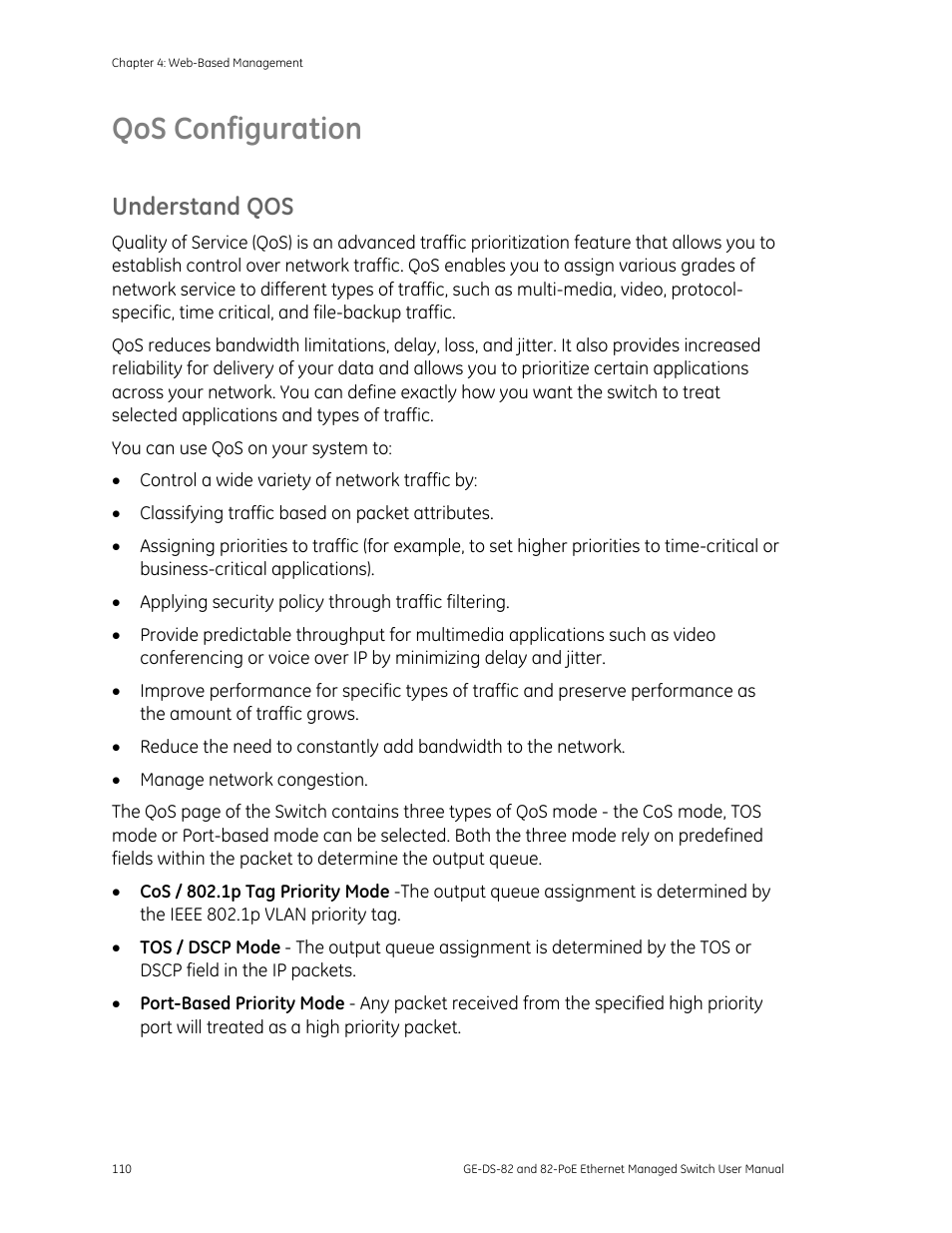 Qos configuration, Understand qos, Qos configuration 110 | GE DS-82 User Manual | Page 114 / 226