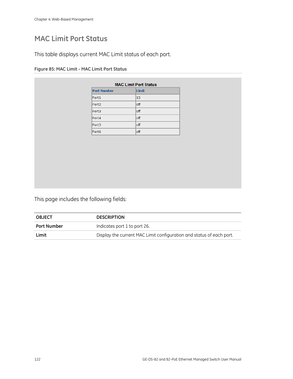 Mac limit port status | GE DS-82 User Manual | Page 126 / 226