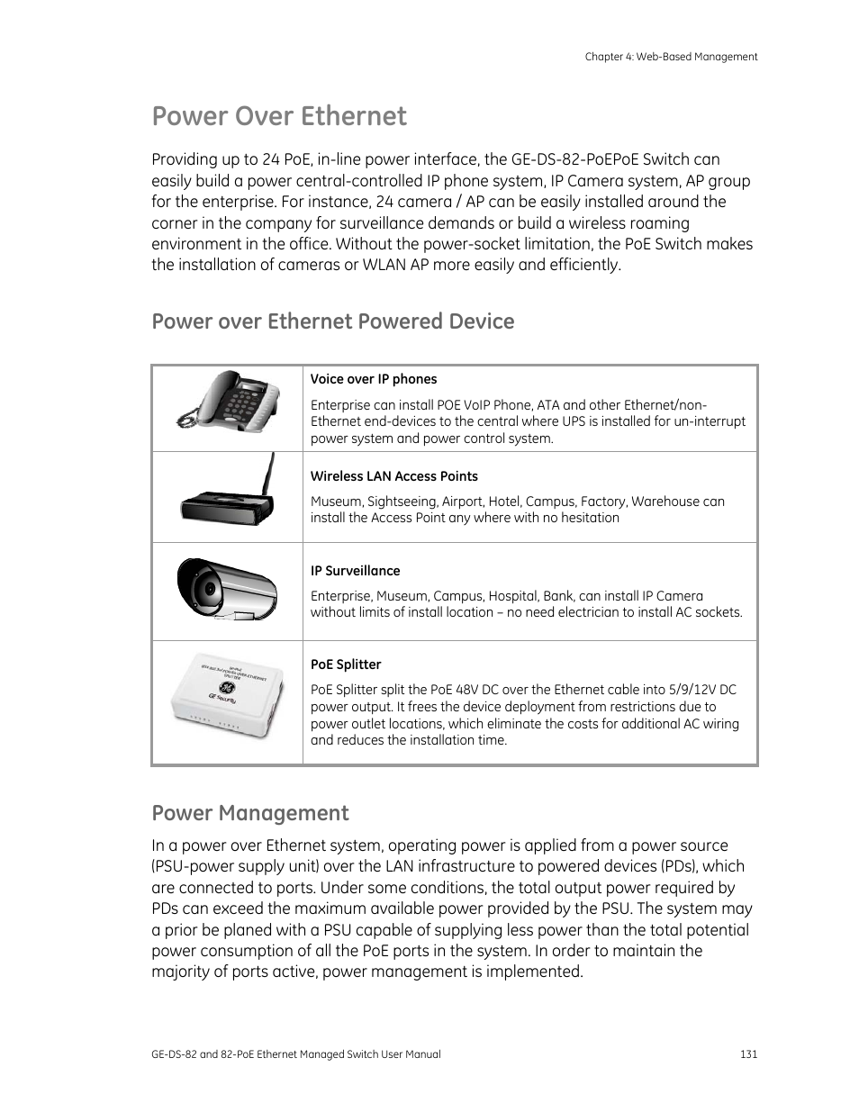 Power over ethernet, Power over ethernet powered device, Power management | Power over ethernet 131 | GE DS-82 User Manual | Page 135 / 226
